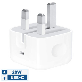 شارژر دیواری 20 وات اپل مدل 20W USB-C B/A با اتصال به پریز سه پین و تکنولوژی شارژ سریع شارژ سریع USB PD 1.0، دارای یک عدد درگاه خروجی USB Type-C و قابلیت شارژ لپ تاپ